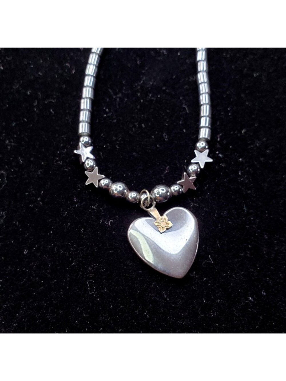Silver Grey-Tone Hematite Beaded Bracelet With Heart Charm & Star Accents - Picture 3 of 6